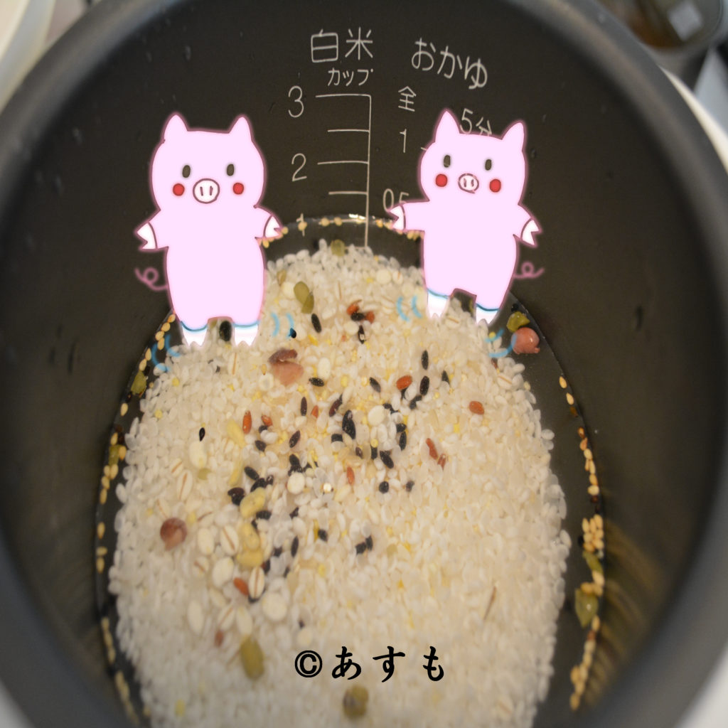 ぶたさんが、お米を炊く水量をバッチリ、チェックしてくれましたっ！